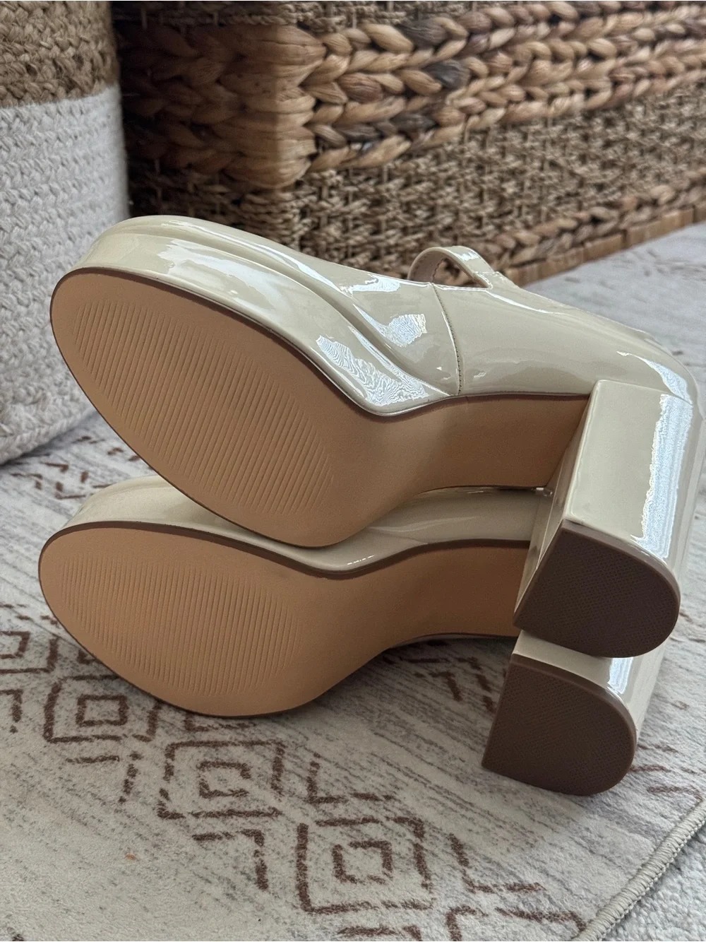 Platform Mary Jane Heels in Cream Patent with Gold Buckle